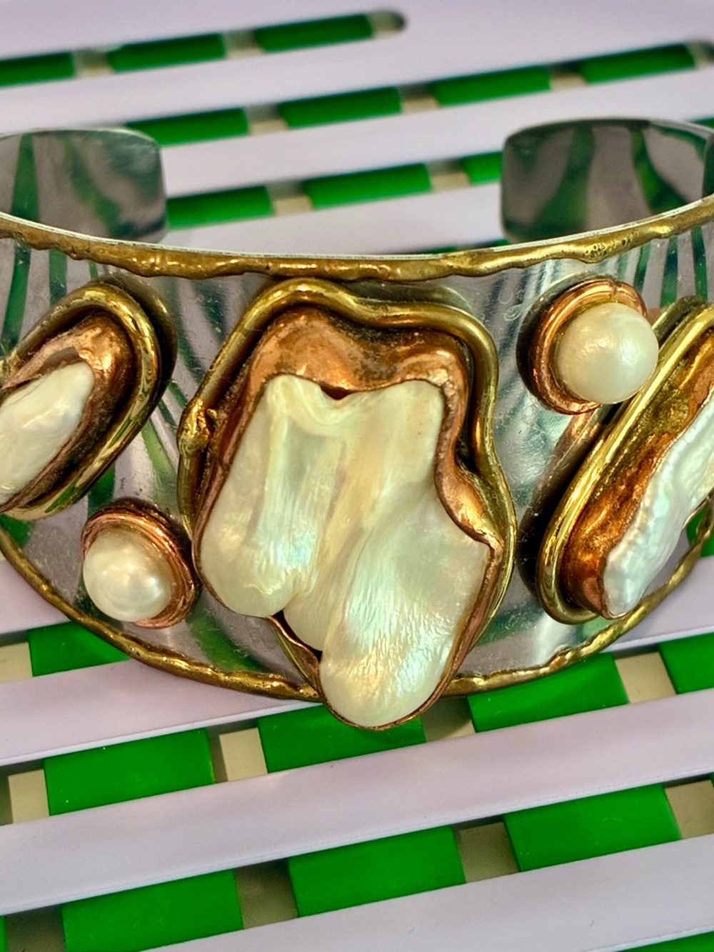 Silver, Copper and Pearl Bracelet ~Like New
